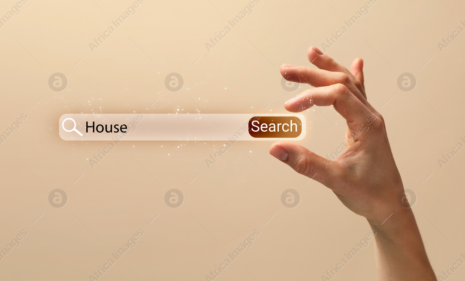 Image of House hunting. Woman holding virtual search bar on beige background, closeup. Banner design