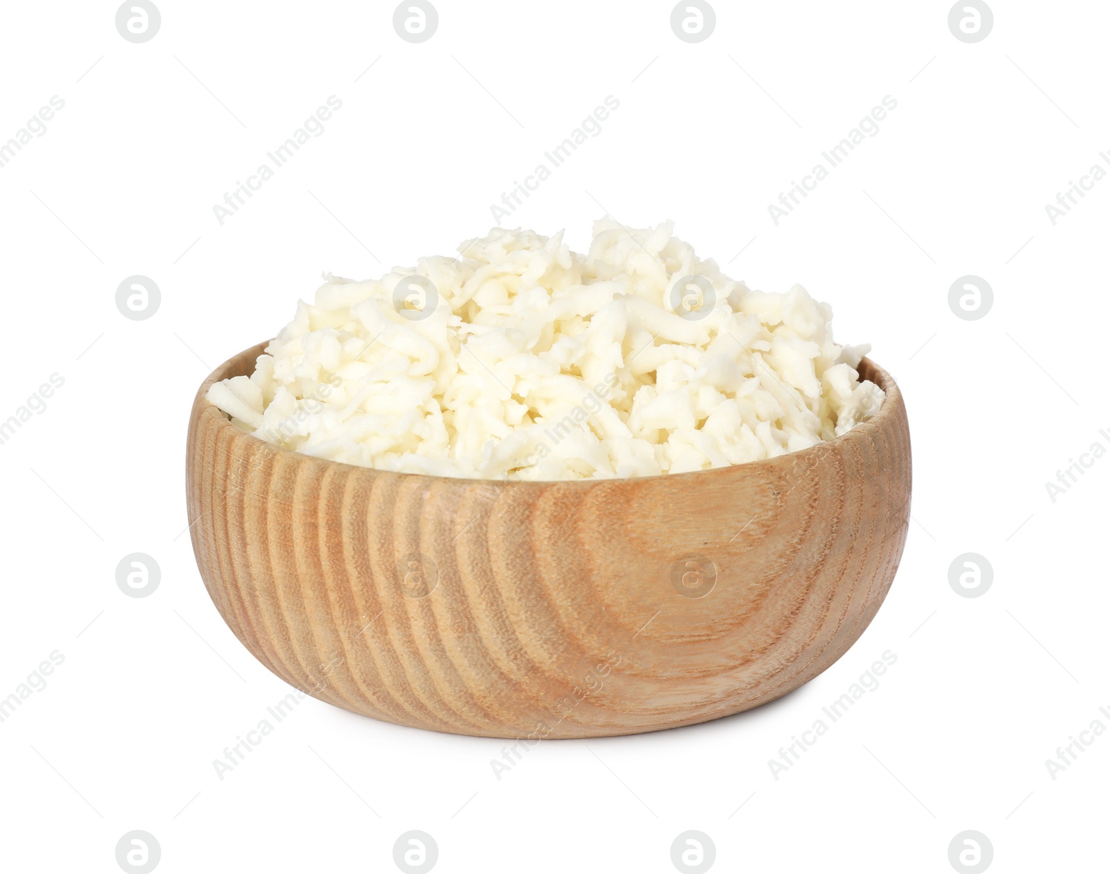 Photo of Wooden bowl with delicious mozzarella cheese on white background