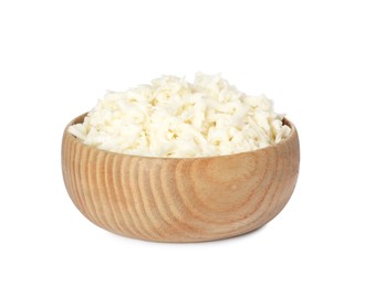 Photo of Wooden bowl with delicious mozzarella cheese on white background