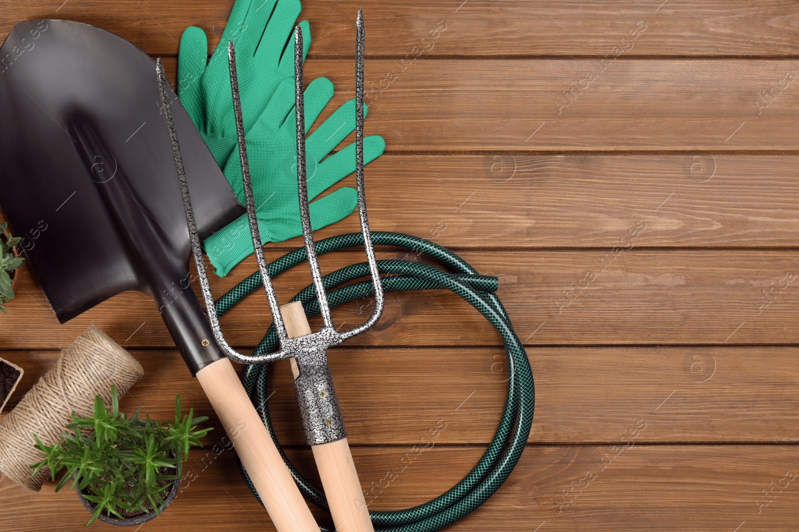 Photo of Flat lay composition with gardening tools and plants on wooden background. Space for text