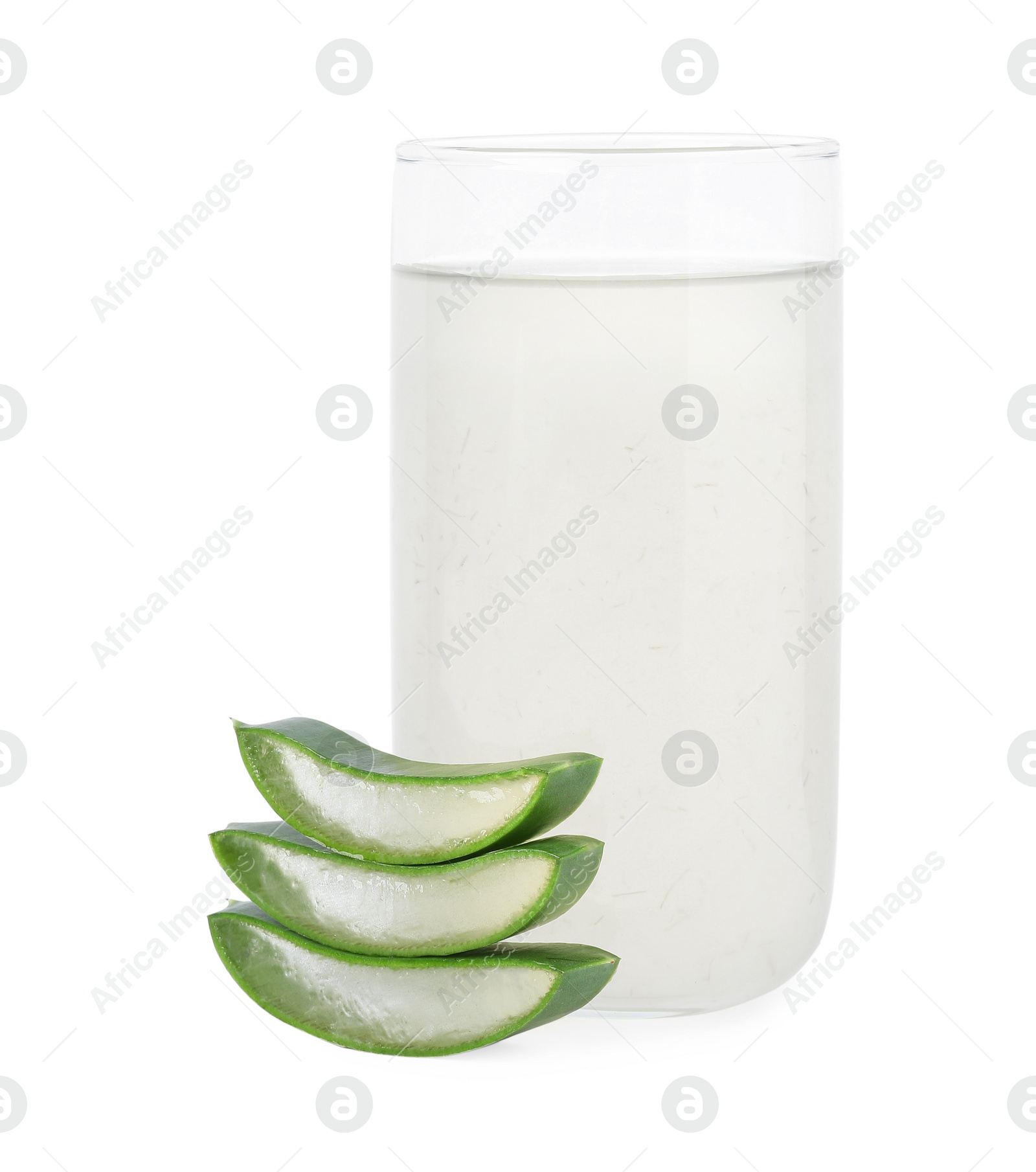 Photo of Tasty aloe juice in glass and cut fresh leaves isolated on white