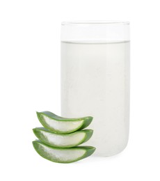 Photo of Tasty aloe juice in glass and cut fresh leaves isolated on white