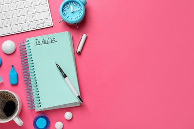 Flat lay composition with unfilled To Do list and cup of coffee on pink background, space for text