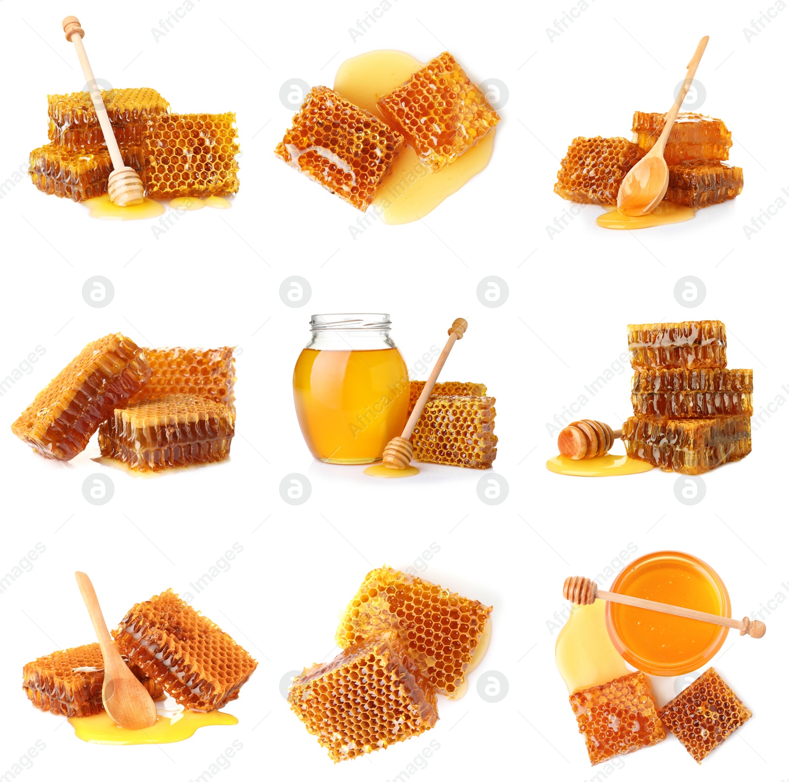 Image of Set with fresh delicious honeycombs on white background