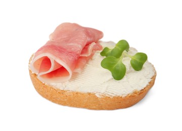 Photo of Delicious sandwich with cream cheese, jamon and microgreen isolated on white