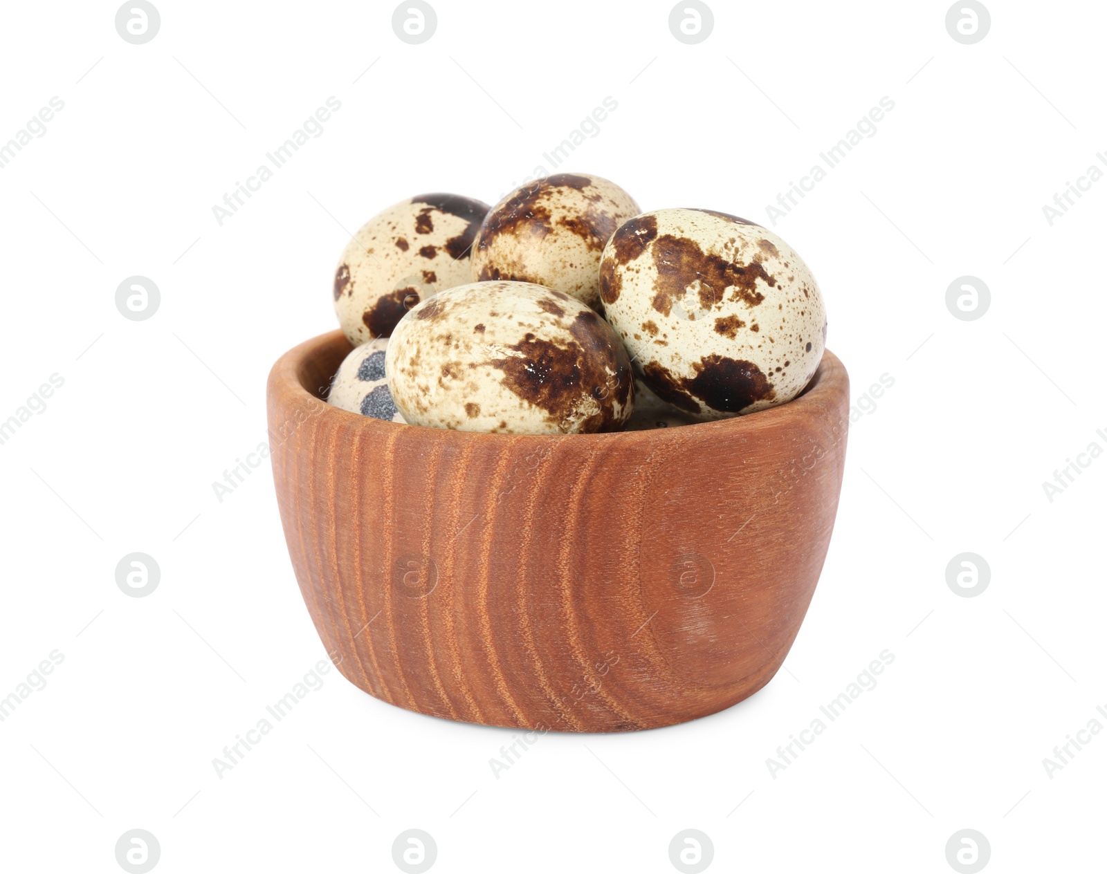 Photo of Wooden bowl with quail eggs isolated on white