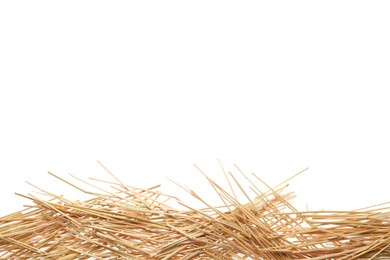 Dried hay on white background, top view