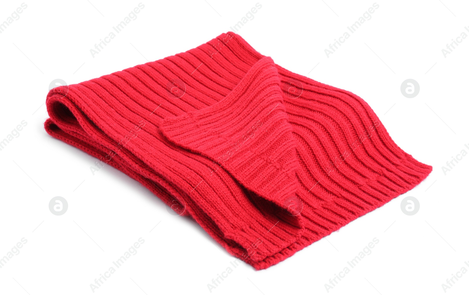 Photo of One red knitted scarf on white background