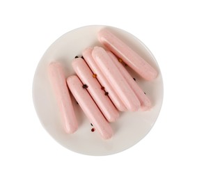 Plate with many raw sausages isolated on white, top view. Vegan meat product