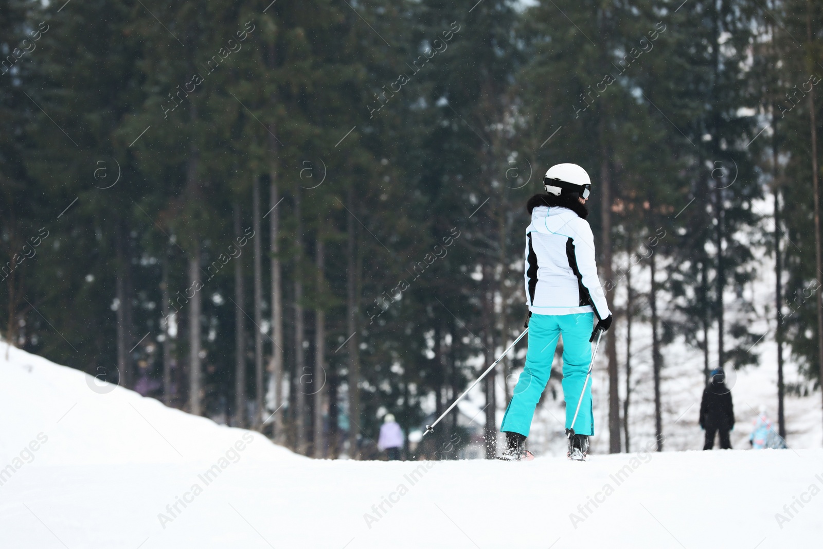 Photo of Skier on slope at resort, space for text. Winter vacation