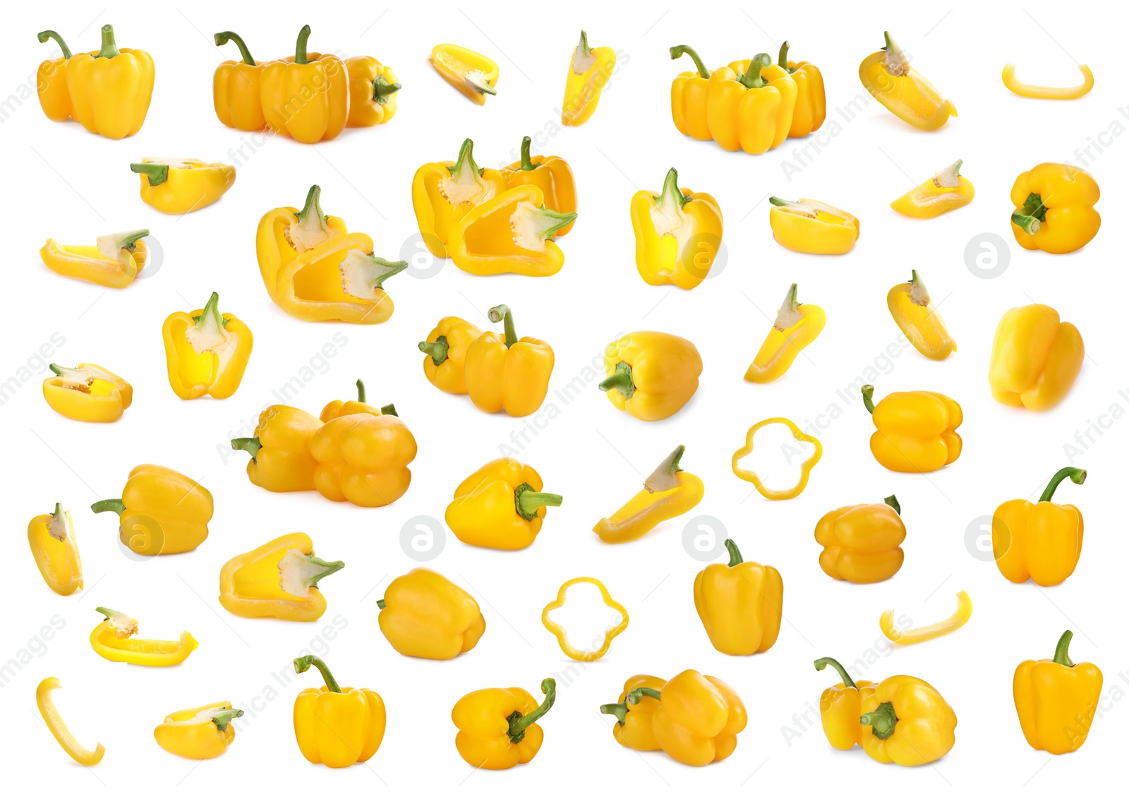 Image of Set of ripe yellow bell peppers on white background