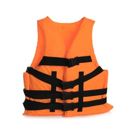 Orange life jacket isolated on white. Personal flotation device