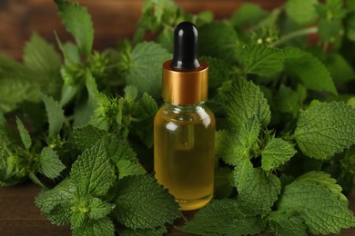 Photo of Glass bottle of nettle oil with dropper and leaves on wooden table