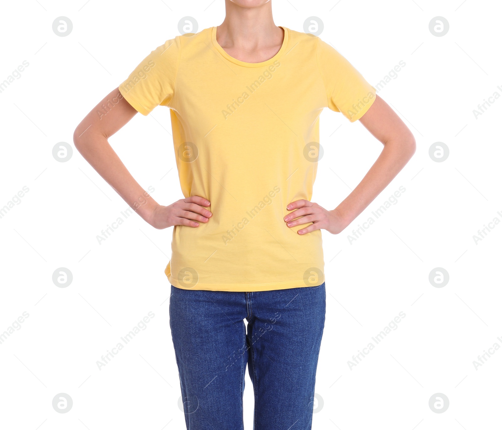 Photo of Young slim woman on white background, closeup. Weight loss