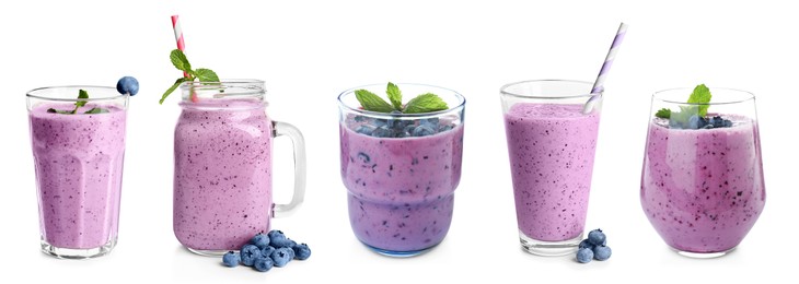 Image of Set with delicious blueberry smoothies on white background. Banner design