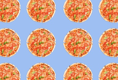 Image of Pizza pattern design on light violet blue background