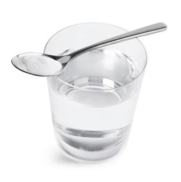 Photo of Glass of water and spoon with baking soda on light background