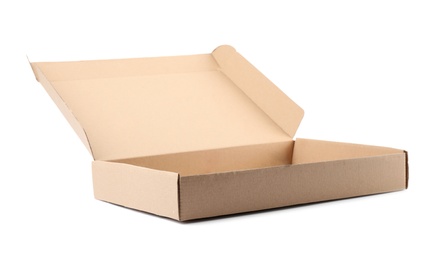 Open cardboard box on white background. Mockup for design