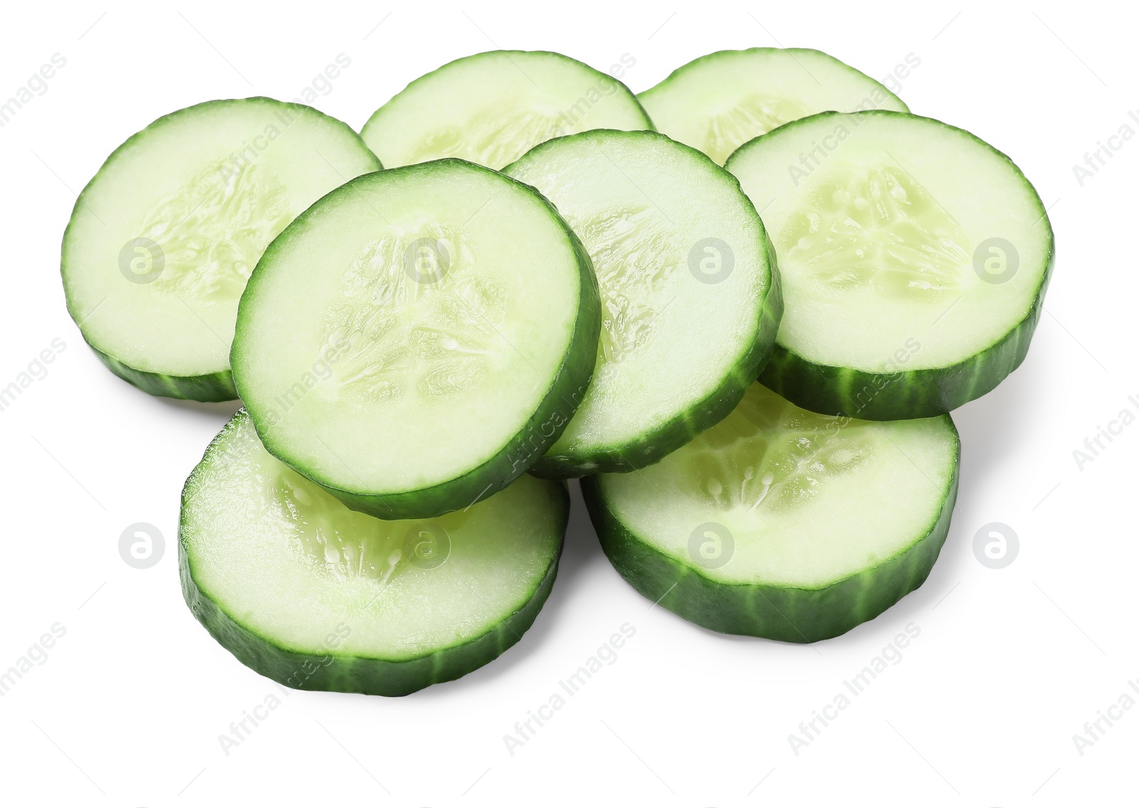 Photo of Slices of fresh cucumber isolated on white