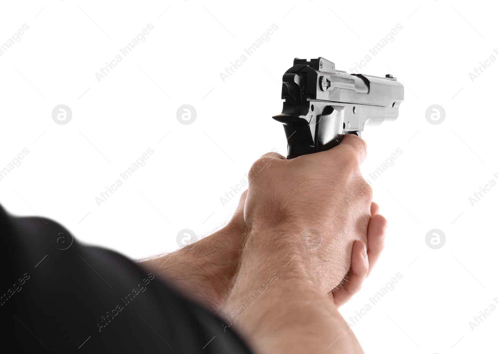 Photo of Man holding gun on white background, closeup