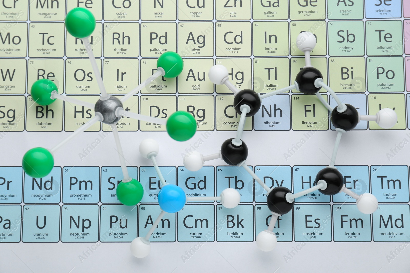 Photo of Molecular models on periodic table of chemical elements, flat lay