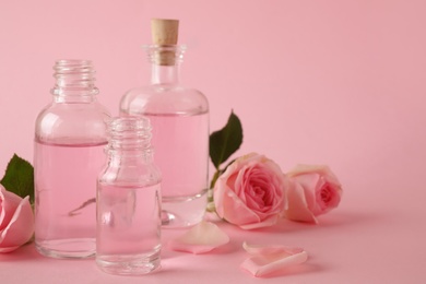 Bottles of essential oil and roses on pink background