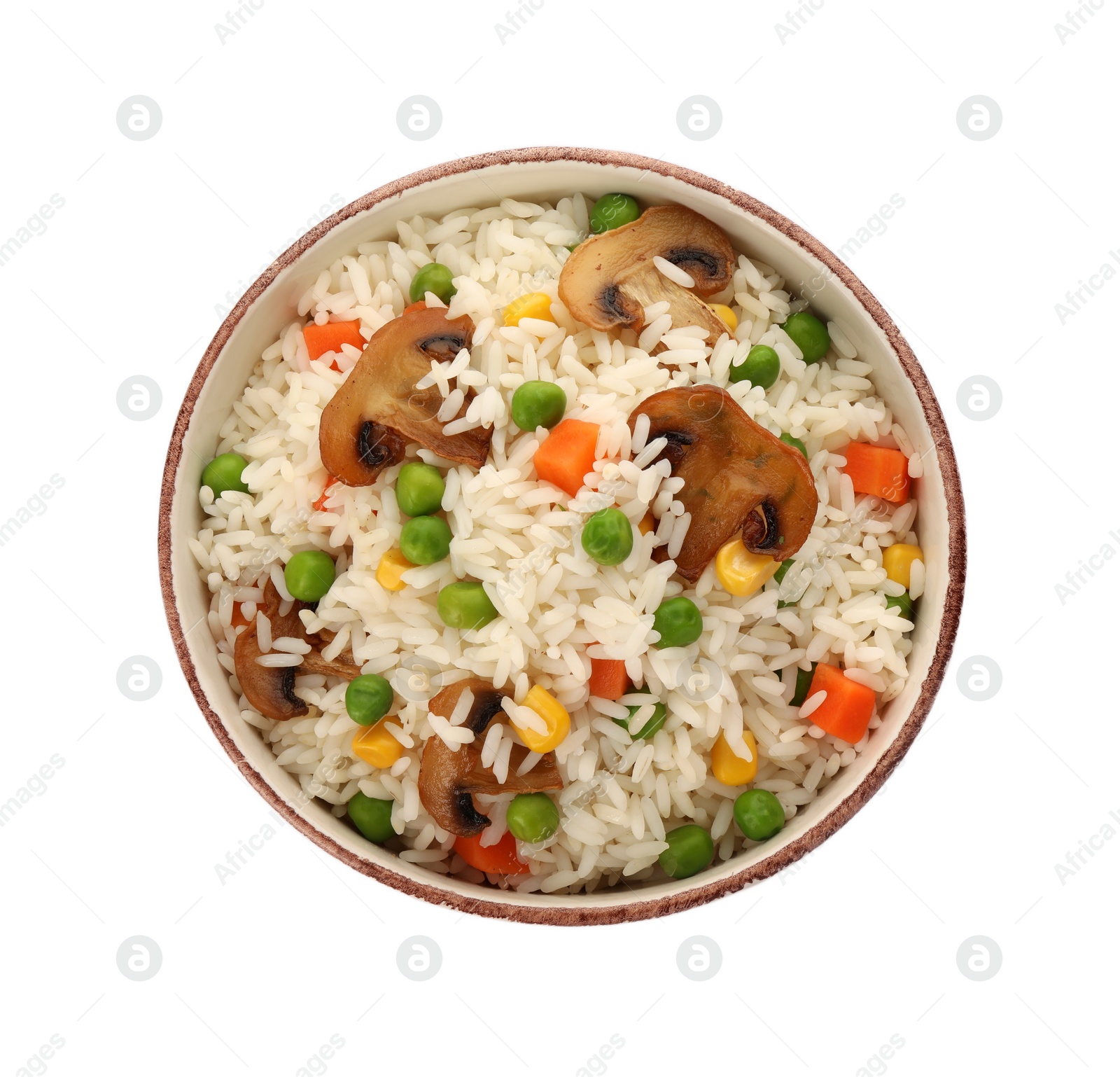 Photo of Bowl of delicious rice with vegetables isolated on white, top view