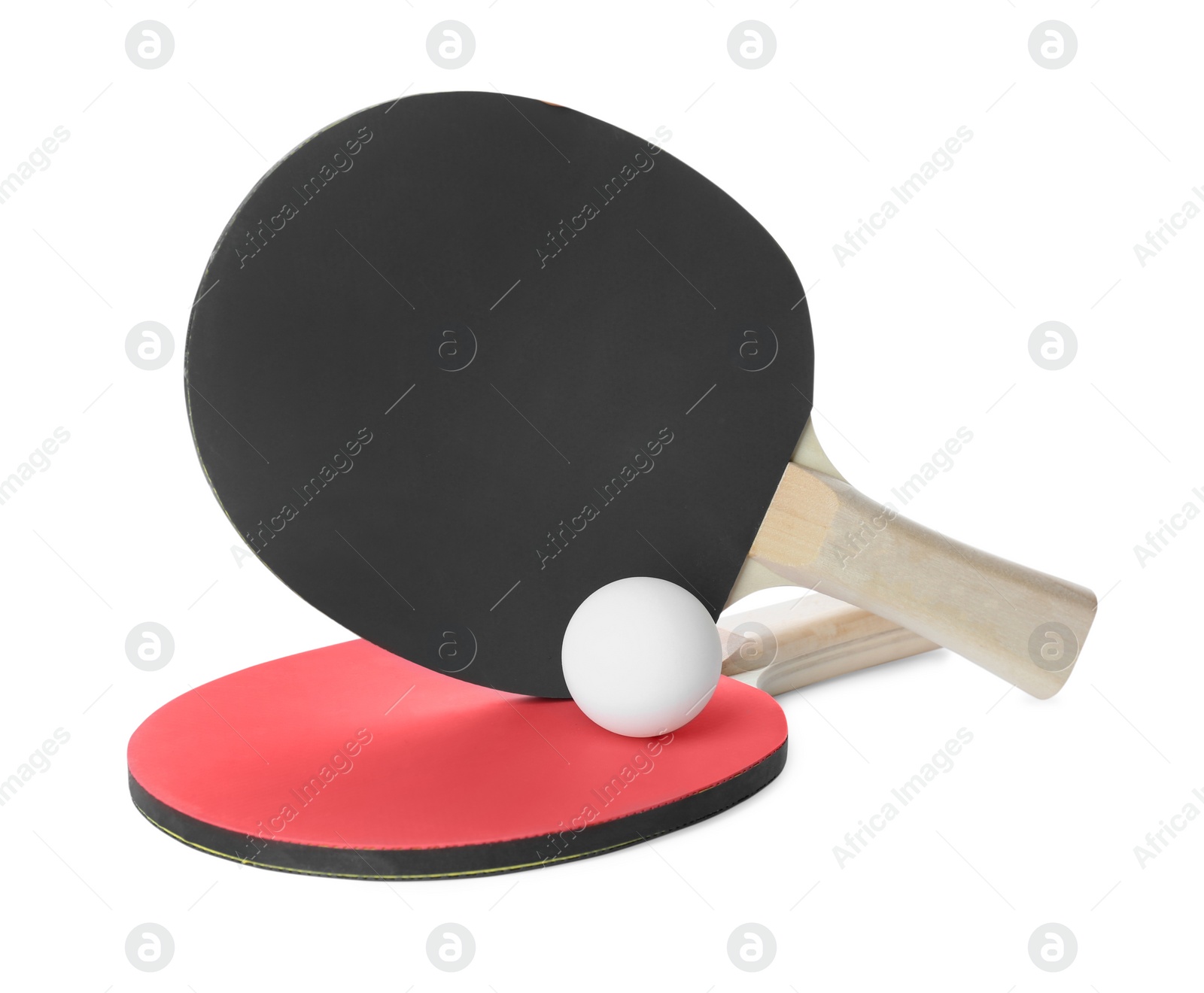 Photo of Ping pong rackets and ball isolated on white