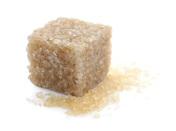 Photo of One brown sugar cube isolated on white