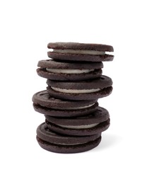 Photo of Stack of tasty sandwich cookies isolated on white