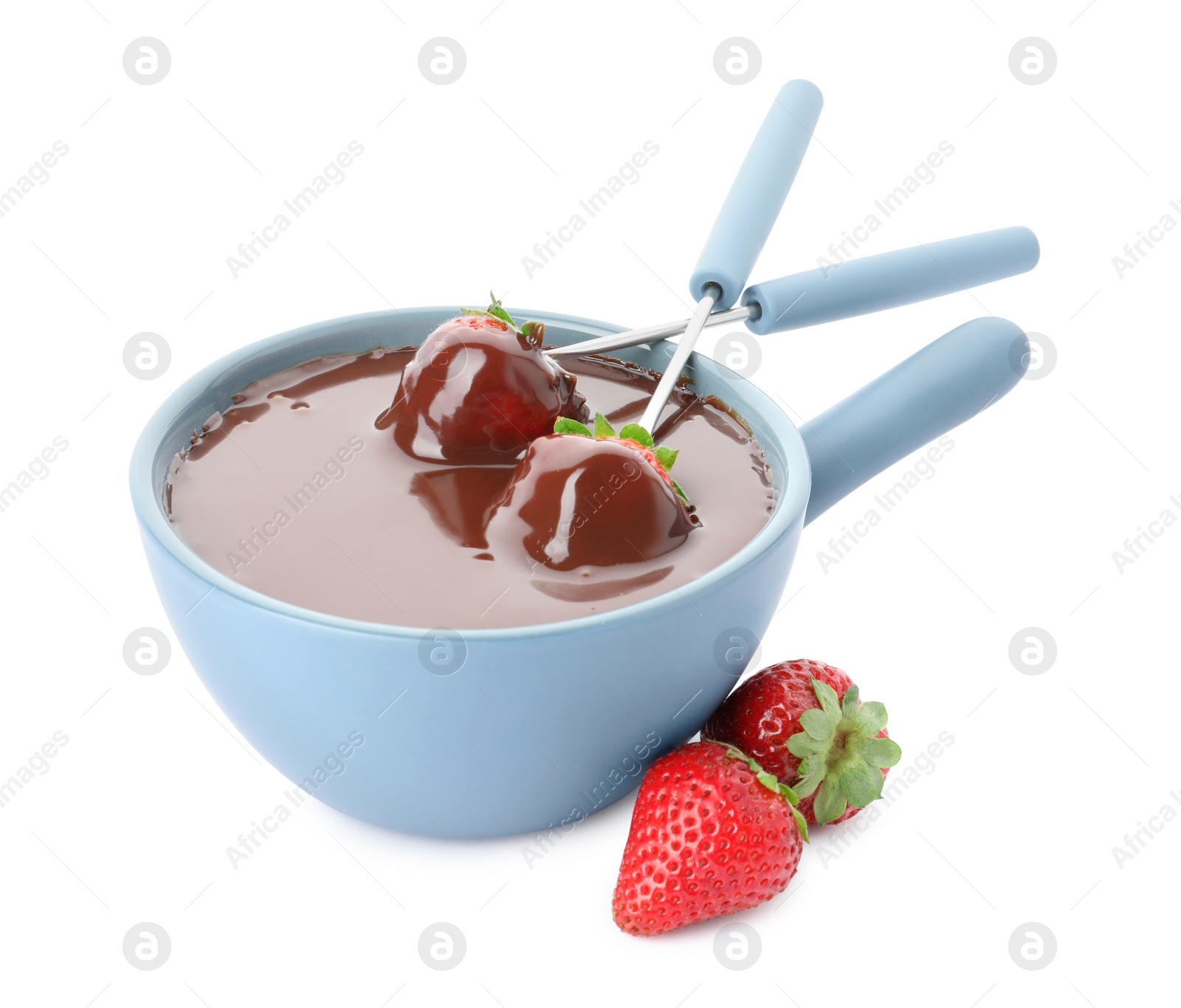 Photo of Fondue pot with chocolate and fresh strawberries isolated on white