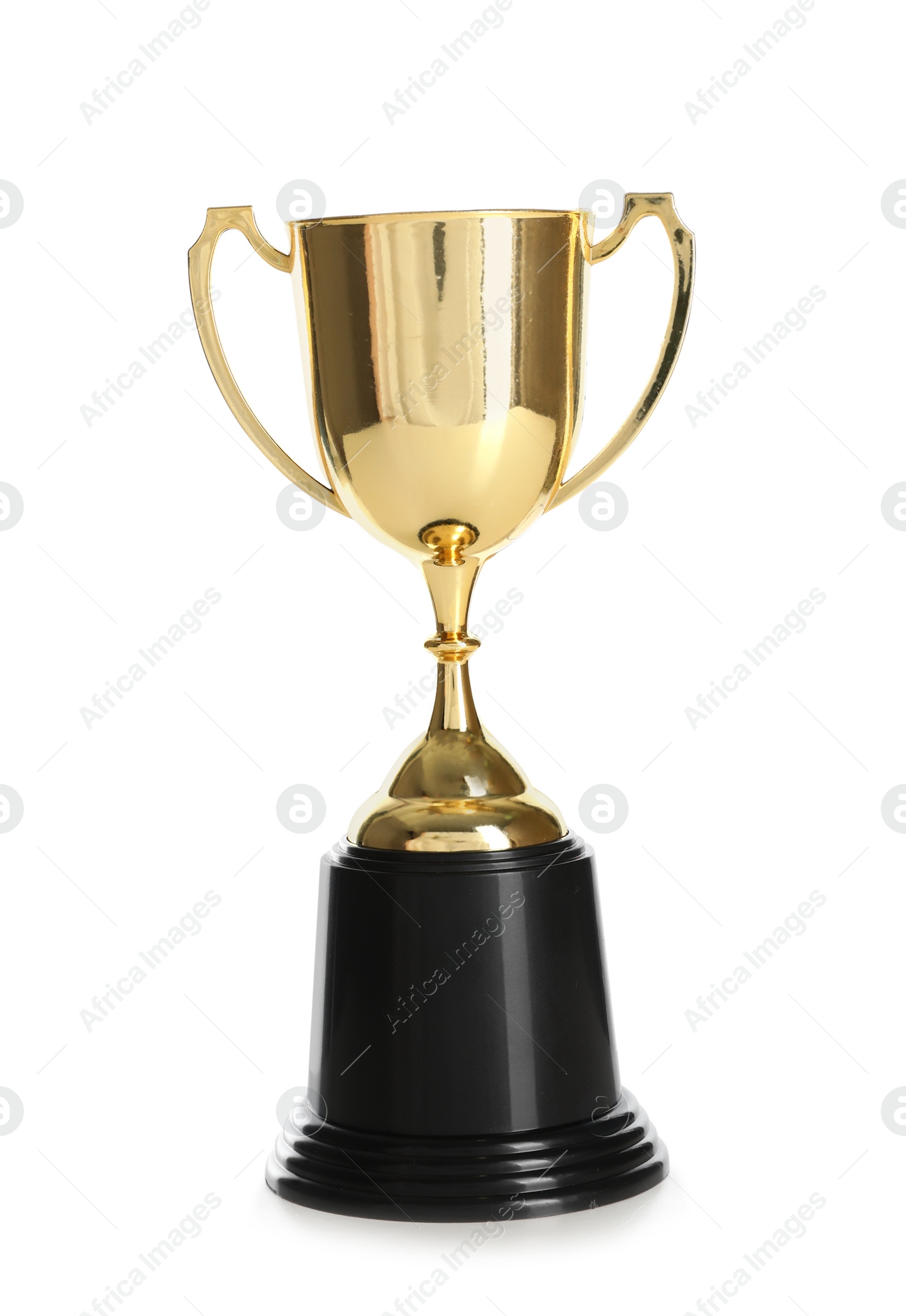 Photo of Shiny gold cup on white background. Winner's trophy