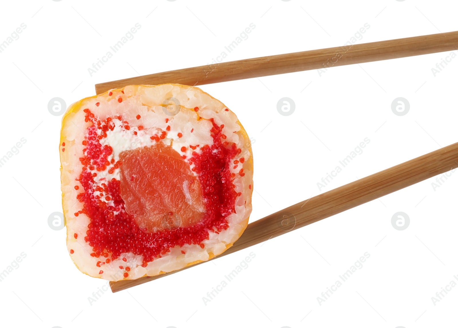 Photo of Chopsticks with delicious fresh sushi roll isolated on white