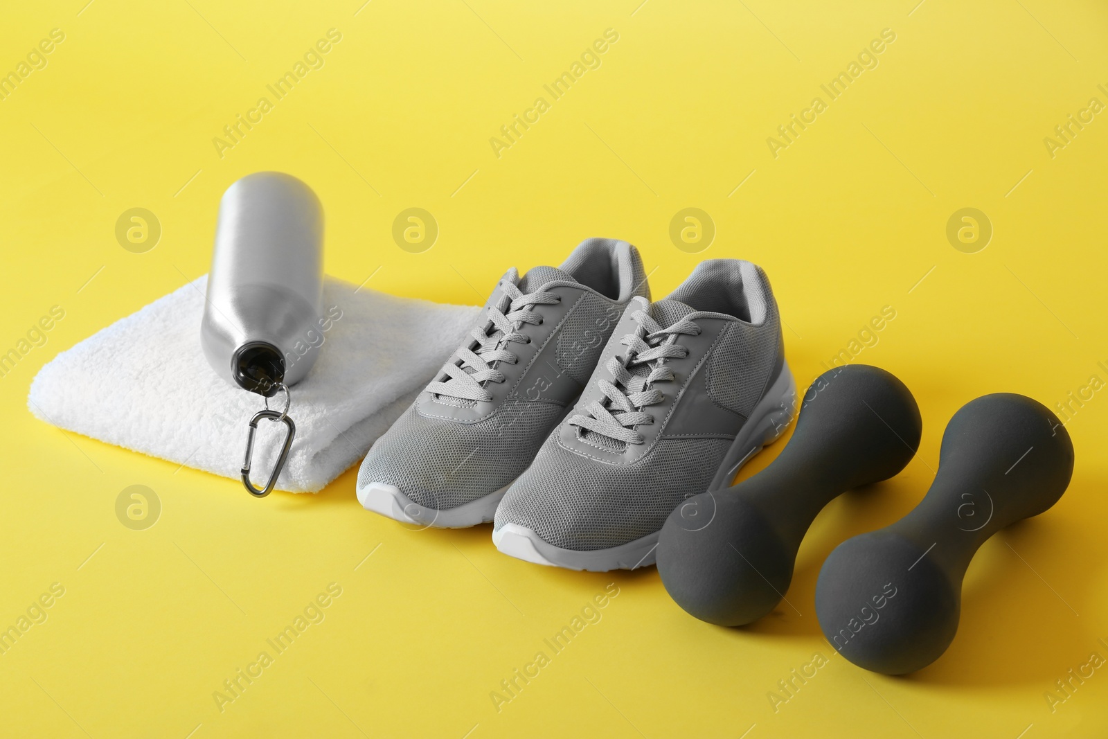 Photo of Fitness equipment on color background. Healthy lifestyle