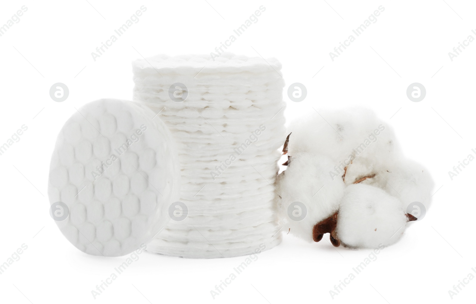 Photo of Composition with cotton pads and flower on white background