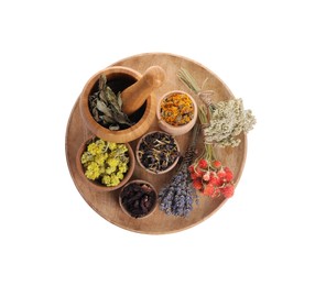 Mortar with pestle, many different dry herbs and flowers isolated on white, top view