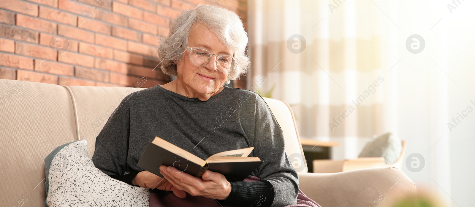 Image of Elderly woman reading book on sofa in living room. Banner design