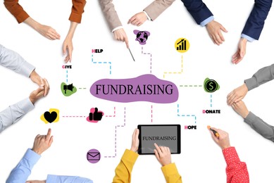 Image of Scheme with word Fundraising and icons on white background, top view. People working together, closeup