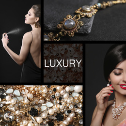 Collage of beautiful young women and luxury jewelry