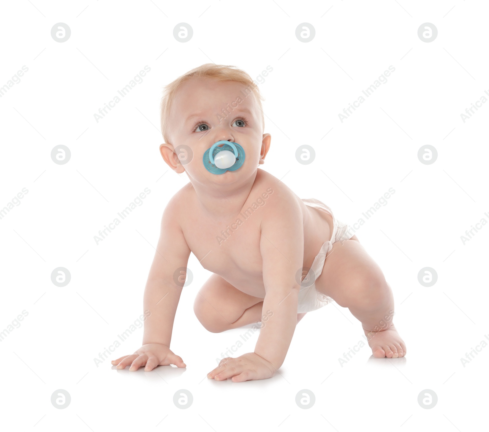 Photo of Cute little baby crawling on white background