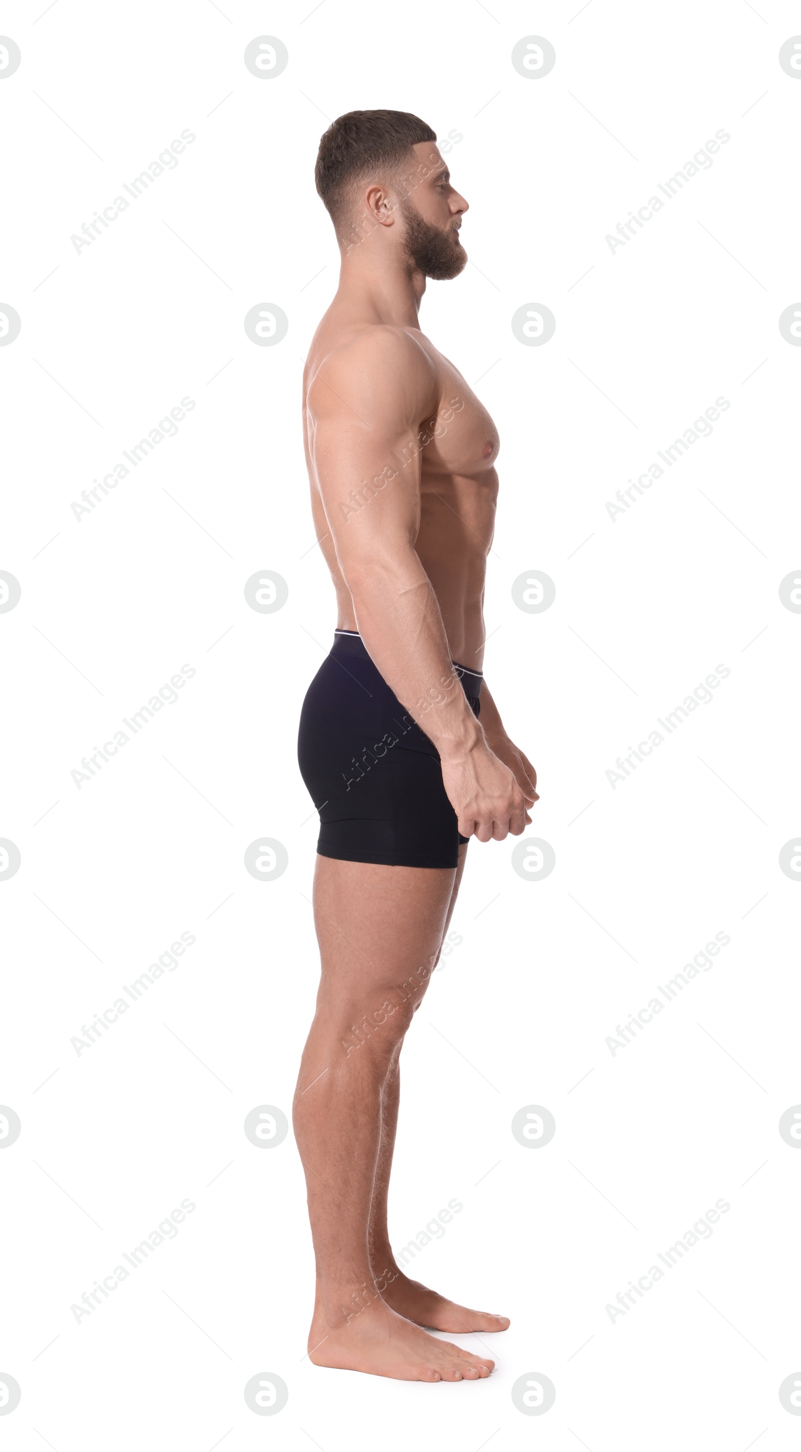 Photo of Young man is stylish black underwear on white background