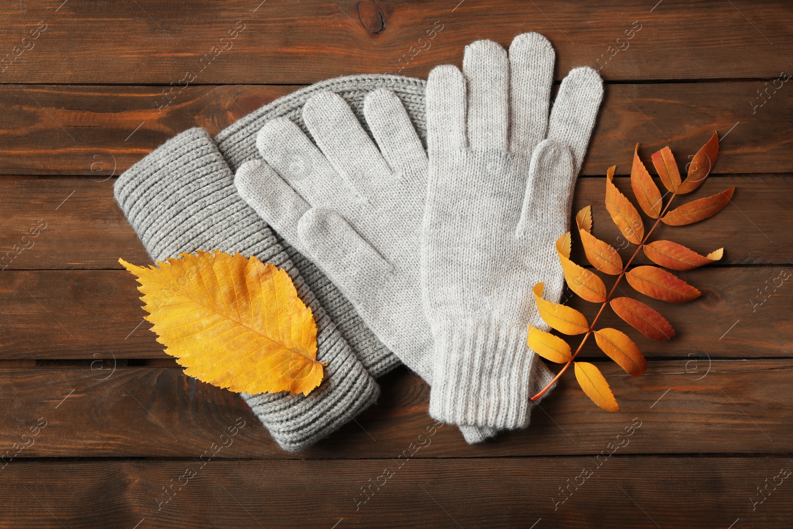 Photo of Stylish woolen gloves, hat and dry leaves on wooden table, flat lay