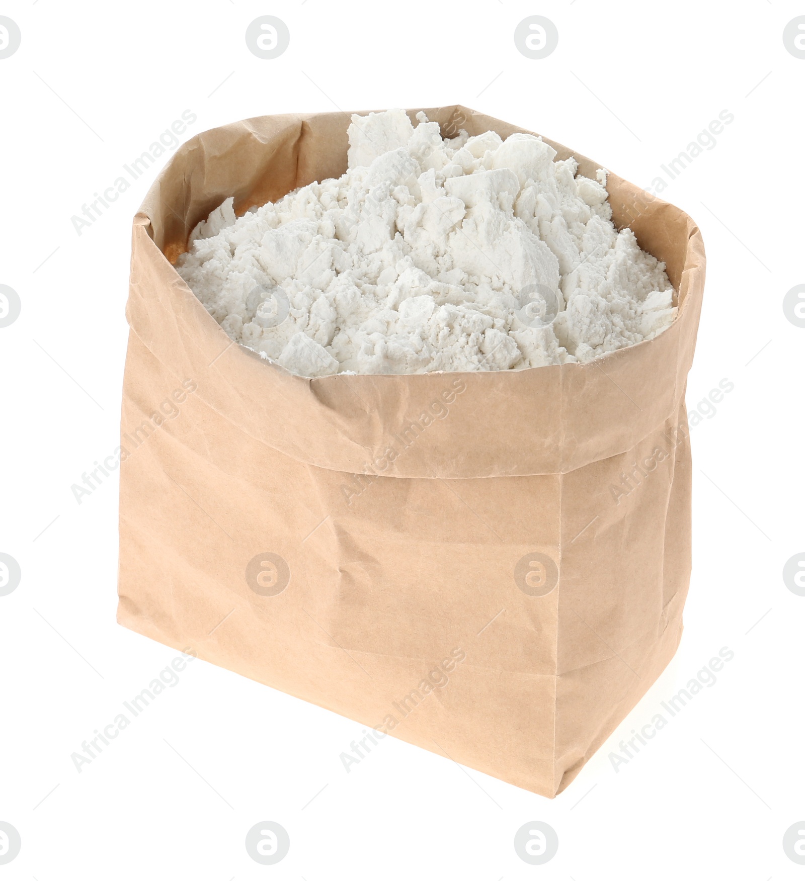 Photo of Organic flour in paper bag isolated on white