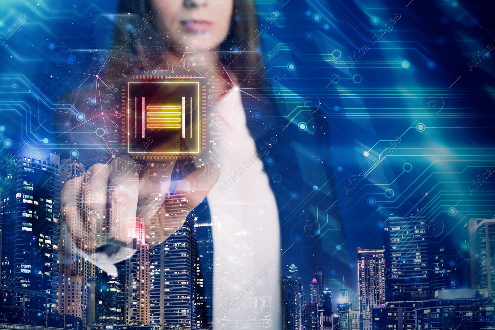 Image of Multiple exposure of businesswoman touching chip and night cityscape, closeup