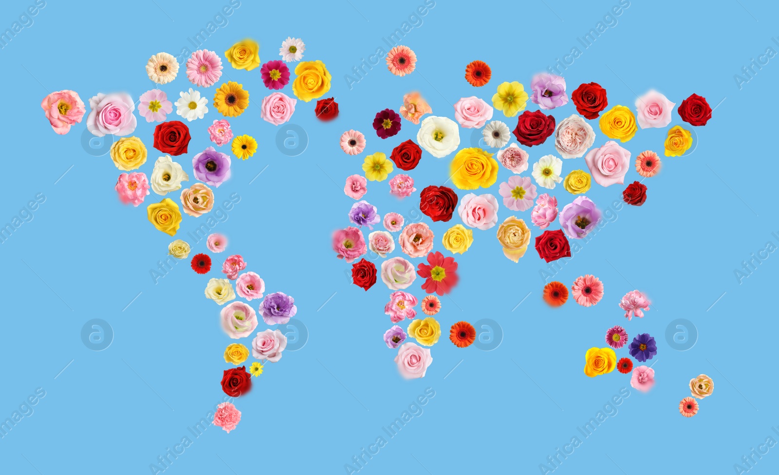 Image of World map made of beautiful flowers on light blue background, banner design