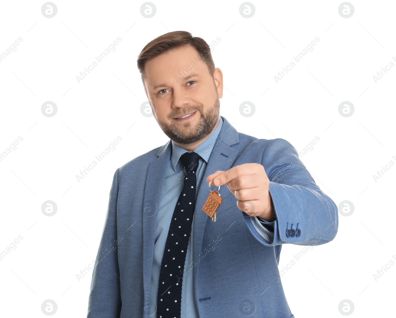 Photo of Real estate agent holding key on white background