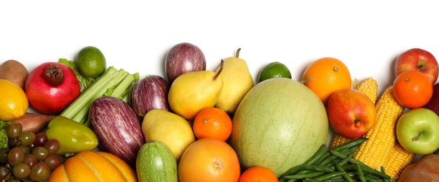 Photo of Assortment of fresh organic fruits and vegetables on white background, top view