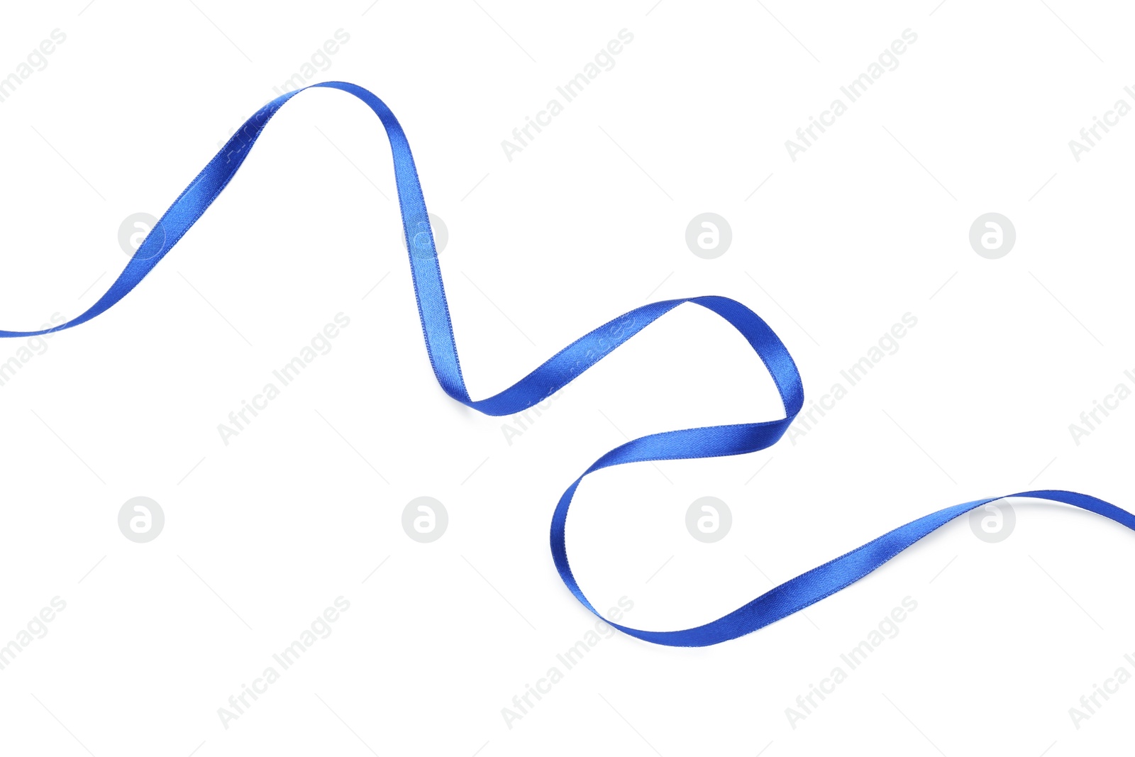 Photo of Beautiful blue ribbon isolated on white, top view