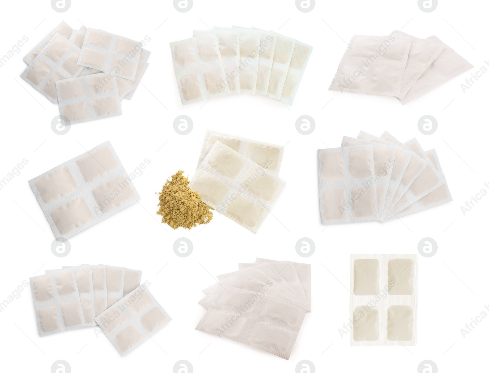 Image of Set with mustard plasters on white background, top view