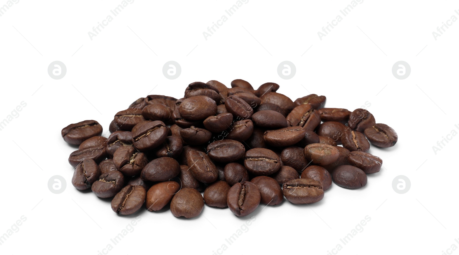 Photo of Pile of roasted coffee beans on white background